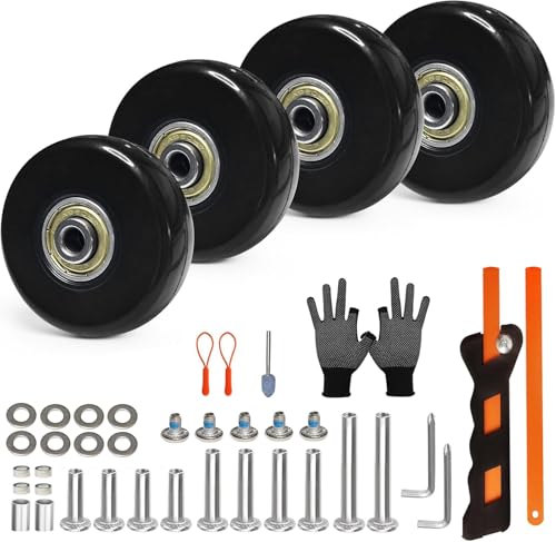 Luggage Wheels Replacement Kit 4PC Dia 1.8in/45mm Thick 0.71in/18mm PU Wheels with ABEC-7 Carbon Steel Ball Bearing 3 Size Axles Full Set Repair Tool for Suitcase Travel Box Inline Skate Hand Trolley