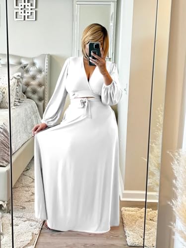 Image of Plus Size Women's 2 Piece Outfits Casual Long Sleeve Wrap Crop Top Maxi Long Dress Flowy Matching Sets