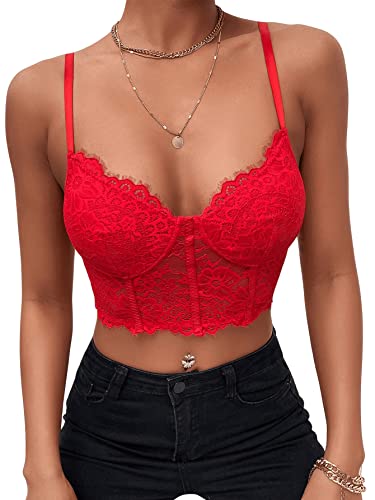 SheIn Women's Lace Casual Camisole Cami Crop Tank Tops Lingerie Bustier Spaghetti Strap Crop Top Red XS