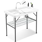Avocahom 37' Folding Fish Cleaning Table Portable Camping Sink Table w/Dual Water Basins, Faucet Drainage Hose & Sprayer Outdoor Fish Fillet Cleaning Station w/Knife,Black