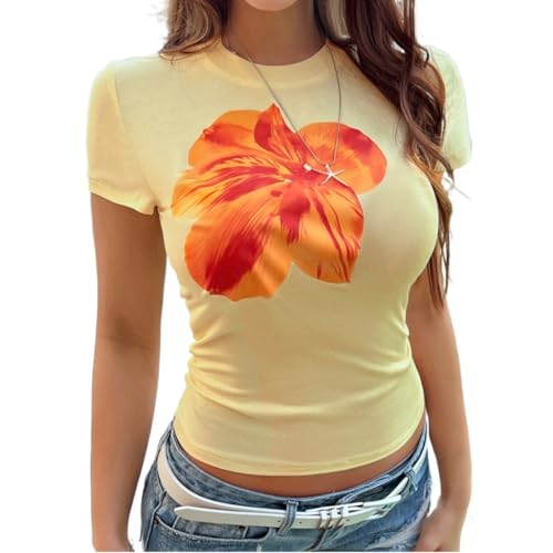 Flower Graphic Baby Tees for Women Summer Cute Tops Y2k Clothes Crop Slim Fit T Shirt 90s Vintage Aesthetic Streetwear