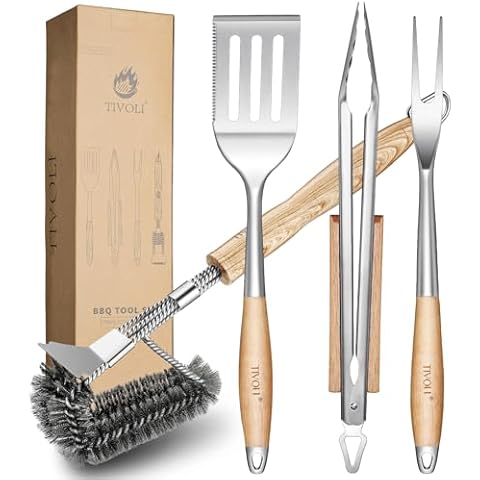 TIVOLI Grill Set 4PC BBQ Tools Set Grill Accessories with BBQ Spatula, BBQ Clips, Brushes, BBQ Forks Heavy Duty Grill Kit Grill Tools for Outdoor Grill with Wood Handles Gift Ideas for Dad Man Cover