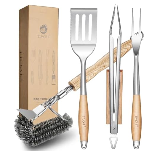 TIVOLI Set di Utensili per Barbecue 4 Pezzi Set Completo di Accessori per Grigliate per Uomini: Set Premium da 4 Pezzi con Pinza per Griglia, Spatola, Spazzola per Griglia