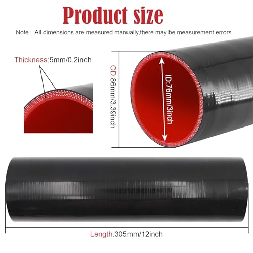 Image of ID 3in x 12in Length Straight Silicone Coupler Hose 4-Ply with 4 Stainless Steel T-Bolt Clamps as Turbo Intercooler Intake Pipe,Fits Pipe OD up to 3in(76mm)