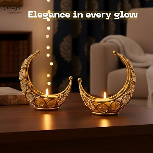Image of Classyo Moon Shaped Crystal Tea Light Candle Holders (Pack of 2) | Diwali Tealight Candle Holders | Metal Lantern | Tea Light Holders for Diwali, Pooja and Ramadan (Gold)