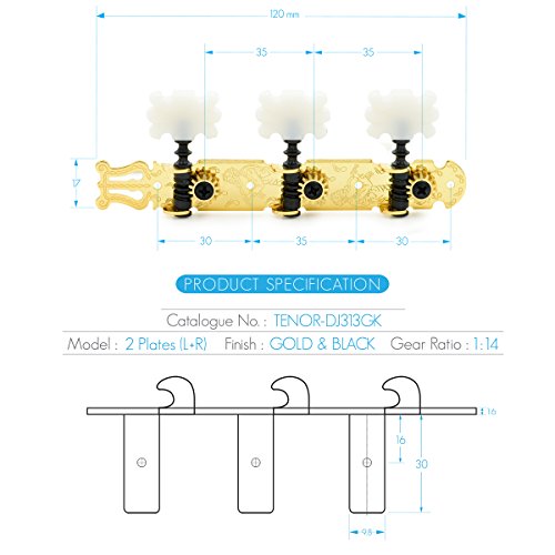 Dj313Gk Tenor Classical Guitar Tuners, Tuning Key Pegs/Machine Heads For Classical Or Flamenco Guitar With Gold Plated Finish And Pearl Colored Butterfly Buttons. #TOP6