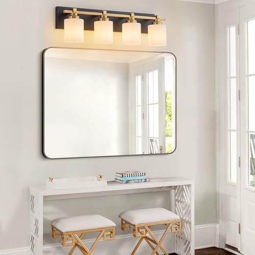 BrkNit Modern Bathroom Light Fixtures Over Mirror, Vanity Lights for Bathroom Wall Sconces with Milky White Glass Shades, E26 Socket (Bulbs Not Included), 4 Light, Black Gold by BrkNit - Used condition - Image 2