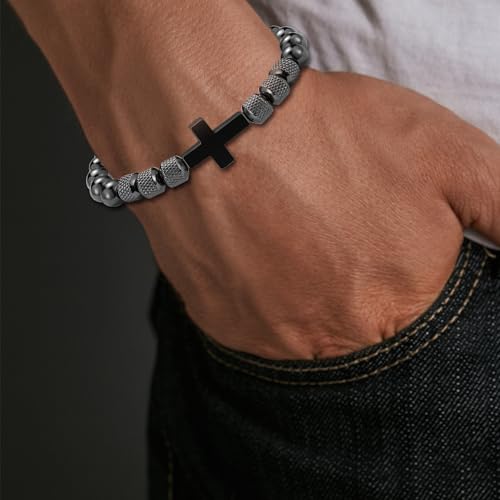Image of Cross Bracelet for Boys Teens, Adjustable Obsidian Beads Bracelets Christian Religious Jewelry Gifts for Teen Teenage Boys