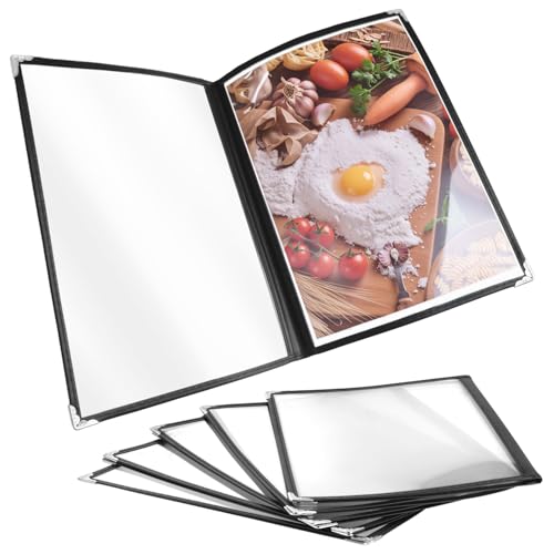 QWORK® 5 Pack Black A4 Menu Covers, 2 Fold Double View, for Restaurants, Hotels, Bars, Highly Transparent PVC Material, Metal Edge