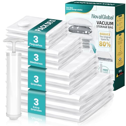 Bolsas Vacío con Bomba Manual para Ropa (12 uds – S/M/L/J) – Ahorro Espacio Edredones, Ropa, Maletas, Hogar, Viajes – Set de Compresión al Vacío Organizador