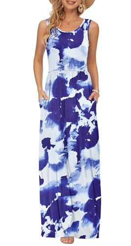AUSELILY Summer Dresses for Women Casual Sleeveless Ladies Maxi Dress Long with Pockets Flowers Blue White L