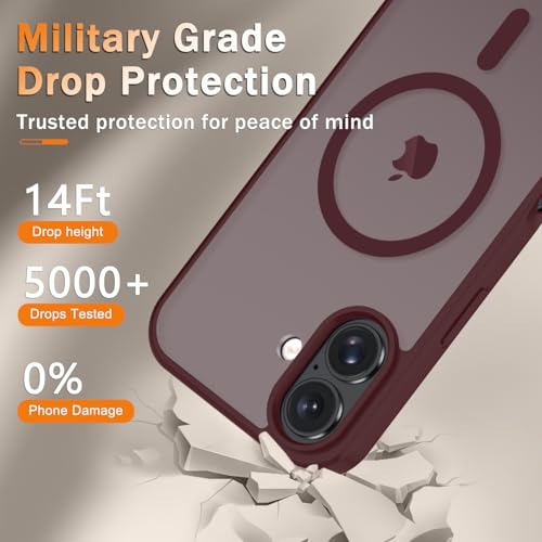 Image of YENAPOON for iPhone 16 Plus Case, Matte Magnetic Phone Cover [with 1 Screen Protector] [Support for MagSafe] [Shockproof Military Grade Protection] Translucent Frosted Back, Wine Red