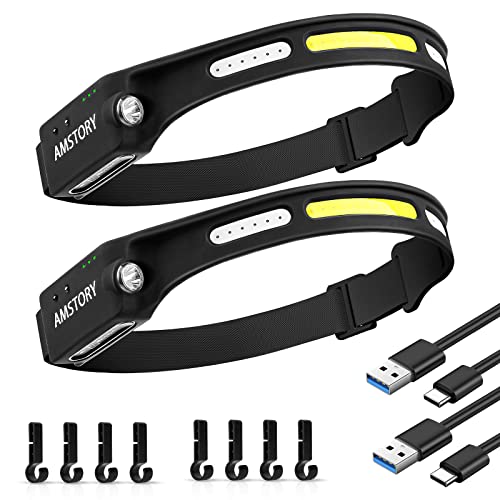 Amstory Linterna Frontal Led Recargable Potente, Linterna de Cabeza con Luz Rojo Gobeam 230° COB Luz Frontal Cabeza USB Faro con Sensor Headlamp para Acampar, Pesca, Ciclismo, Correr (Rojo 2PCS) Cover