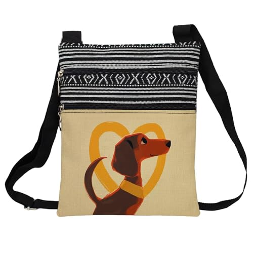 Heart Dachshund Messenger Bag Small Ethnic Pattern Printed Adjustable Strap Crossbody Zipper Bag Heart Dachshund Phone Bag Wallet Cute Shoulder Handbag for Women