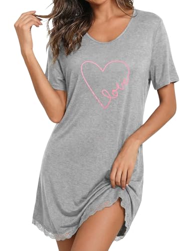 Demegimi Nachthemd Damen Kurz Baumwolle Schlafshirt Sommer Kurzarm Schlafshirt Kurz Sleepshirt Damen Nachthemd mit Herzdruck und Rundhalsausschnitt