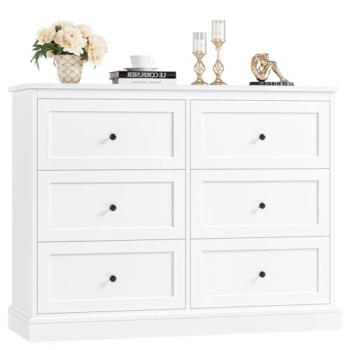 Image of FOTOSOK White Dresser, 6 Drawer Dresser White, Modern Double Chest with Deep Drawers, Wide Storage Organizer Cabinet for Living Room Home