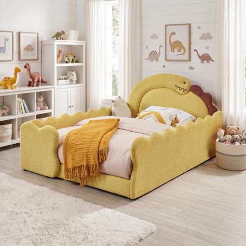 Image of Full Bed Frame for Kids, Floor Platform Bed Dinosaur, Yellow