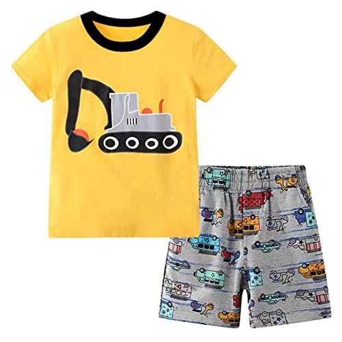 HILEELANG Toddler Boy Summer Outfits Short Sets Cotton Casual Yellow Excavator Short Sleeve Shirt Knit Shorts Set 4T