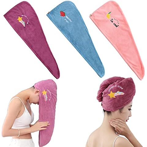 Kettion Pack of 3 Hair Turban with Button, Hair Towel, Turban Towel, Hair Quick-Dry Hair Towel, Super Absorbent Hair Drying Towel, Twisted Hair Towel Wrap, Microfibre for Women, Girls, All Hair Types Cover