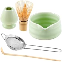 Matcha Whisk Set, Matcha Whisk Holder, 5pcs Bamboo Matcha Whisk and Bowl with Spout Matcha Sifter Spoon Ceramic Matcha Tea Set Kit for Matcha Tea Culture Green