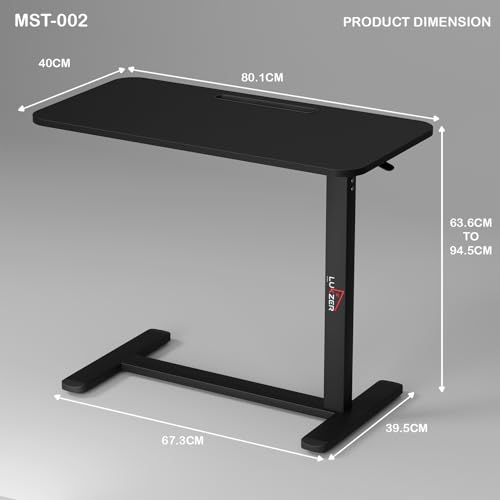 Image of Lukzer MST-002 Black Frame Black Top Overbed Table with Wheels | Adjustable Height Laptop Desk for Bed & Sofa | Rolling Bedside Table for Home, Hospital & Office (40x80x95 cm)