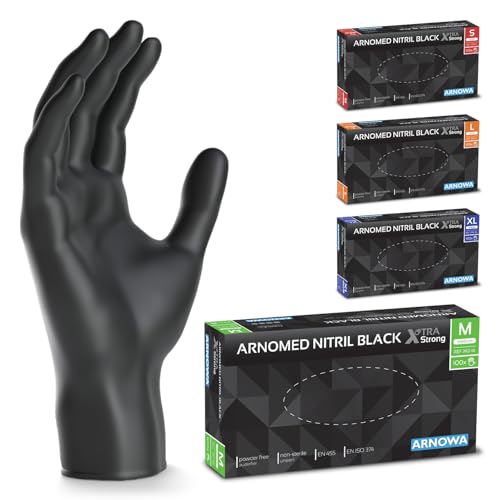 100x ARNOMED® Guantes nitrilo talla M Negro [50% más gruesos], Guantes desechables, Luvas nitrilo descartaveis sin polvo y látex, Manoplas nitrilo en S, M, L, XL