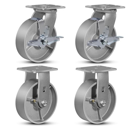 6"x2" Industrial Casters- Heavy Duty Casters,Cast Iron Wheel,Steel Casters Set of 4 Capacity up to 5000 Lb. Use for Platform Truck, U-Boat Cart,Workbenches(2 Brake & 2 Rigid)