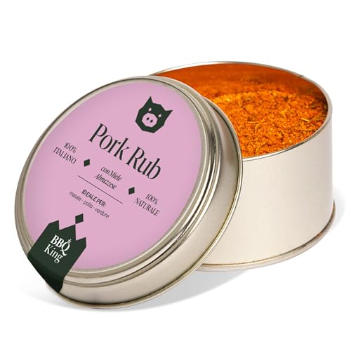 BBQ KING - Pork Rub Envase de 70 g, adobo seco para barbacoa para cerdo, pollo y verduras, 100% fabricado en Italia, con miel de Abruzzo, azúcar moscovado y pimentón