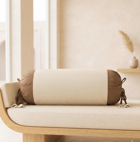Image of SAJAVAT HOME Pure Cotton Round Bolster Cover Set of 1 | Beige & Brown Decorative Side Pillow Cover | 32 x 15 Inch Cushion Cover with Adjustable Ties for Sofa, Bed, Diwan & Home Decor