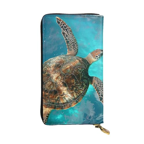Portefeuille en cuir pour femme noir avec motif tortue de mer et fermeture éclair