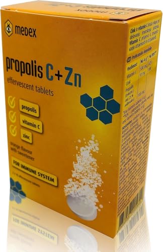 MEDEX Tabletas de propóleo de abeja natural - Vitamina C con tabletas efervescentes de zinc para el mantenimiento del apoyo inmunológico Suplemento de defensa extra - 20 tabletas - 80 g