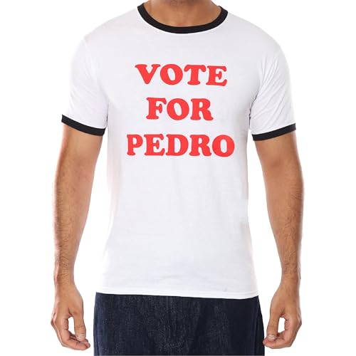 Camiseta para adultos con texto en inglés 'Vote Pedro', talla L, color blanco con cuello y puño negros y texto en rojo con texto en inglés 'Vote Pedro', camiseta gráfica divertida para adultos