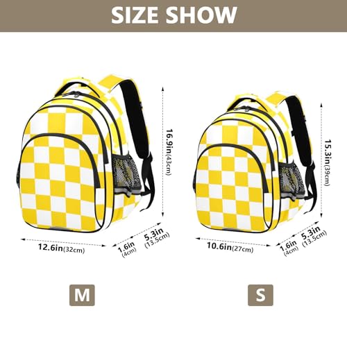 School Bag for Teens Yellow and White Checkered Backpack for Boys Girls Lightweight Book Bags Bagpack 16L4