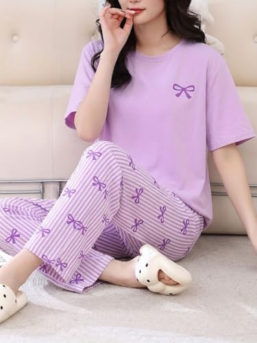 Image of SHIENZY Women Korean Style Night Suit | Round Neck Short Sleeve Cute Printed Cotton Pajama Set for Girls & Women | Soft Nightwear, Loungewear, Sleepwear for Women | Full Pyjama Set | Co-ord Set