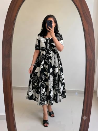 Image of Women's Rayon A-Line Midi Dress, Floral Print, Short Sleeves, Tiered Design, Round Neck, for Summer Wear