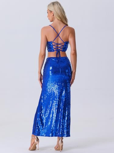 Allegra K Sequin Sets for Women's Spaghetti Straps Crop Top High Waist Split Maxi Skirt Set Two Piece Outfit3