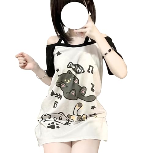 Y2k Kawaii-Shirts für Damen, Cartoon-Grafik-T-Shirts, schulterfrei, Cutecore-Hemden, Harajuku-Mode, Gothic-Tops, Schwarz, Groß