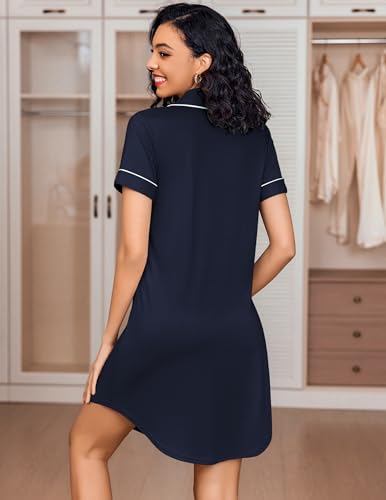 Image of Ekouaer Women's Nightgown Button Down Nightshirt V Neck Sleepshirt Short Sleeve Sleepwear Soft Pajama Dress