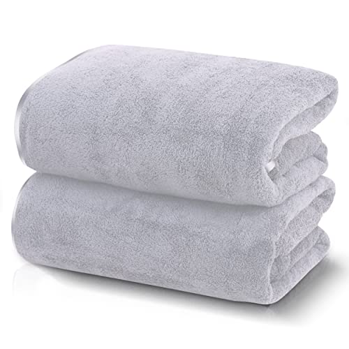 TENSTARS Silk Hemming Bath Towels for Bathroom Clearance - 27 x 55 inches - Light Thin Quick Drying - Soft Microfiber Absorbent Towel for Bath Fitness, Sports, Yoga, Travel, Gym - 2 Pack, Light Grey
