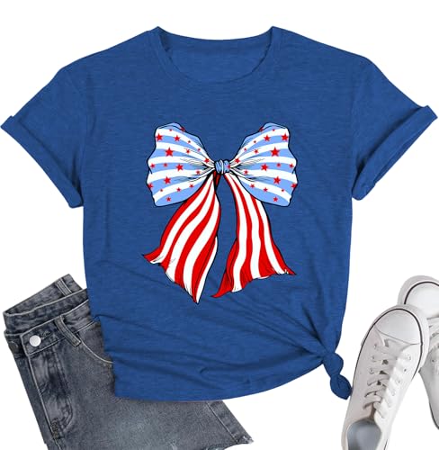 4th of July Shirts Women USA Shirt Patriotic T Shirt American Flag Shirt Bow Holiday Vacation Casual Outfit