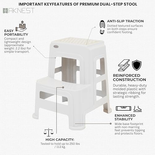 Image of Oaknest Supreme Multipurpose Plastic 2-Step Stool for Kids & Adults - Anti-Slip Lightweight Stepping Stool for Kitchen, Bathroom & Home - White, 1 Piece