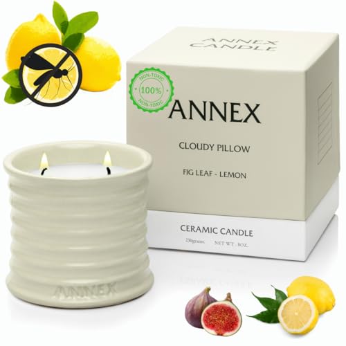 Scented Luxury Citronella Candles outdoor, Mosquito Bug Repellent | Handmade Ceramic Jars, Soy Wax | Cloudy Pillow - Fig Leaf & Lemon, Large Natural Candle | Non Toxic, 2 Wicks, Reusable Big Beige Jar