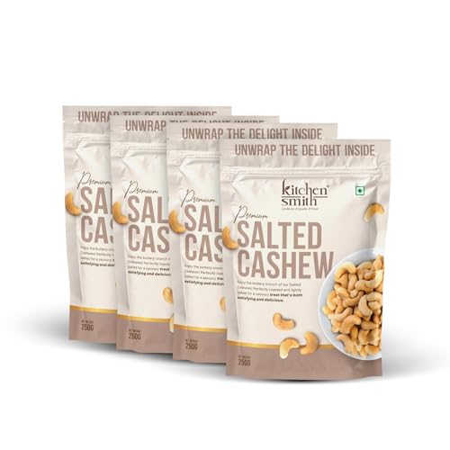 Image of KitchenSmith Premium Salted Whole Cashew - Pack of 4 (250gm Each) (Grade W240) |Crunchy Cashews, Kaju Dry Fruit & Cashew Nuts | Gluten Free & Plant Based Protein (Air Tight Pouch)