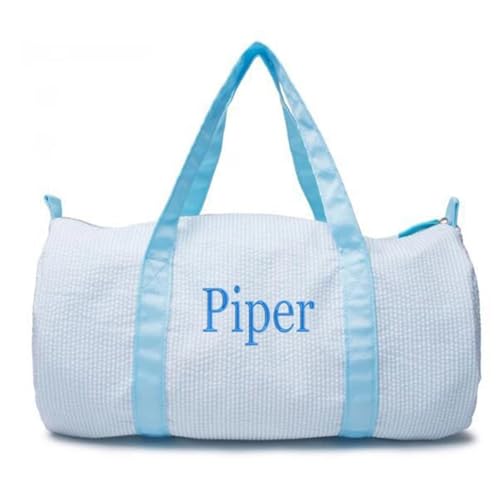 Personalized Baby Duffle Bag, Monogram Seersucker Kid Travel Bag, Kids Duffel Bag, Toddler Diaper Bag, Child Gifts, Overnight Bag, Dance Bag, Light blue, Large