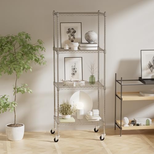 Image of Garage Shelving with Wheels, 4 Tier Shelving Unit and Adjustable Feet, 865 lb High Capacity Rolling Storage Shelf for Kitchen, Office, Dining Room, Garage, Chrome