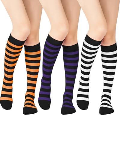 Century Star 3 Pairs Halloween Stripeds Knee High Socks Womens Striped Tube Socks Long Stockings