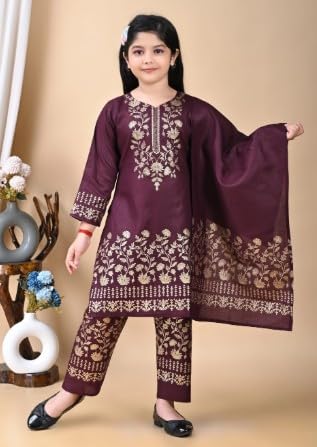 Image of Girl's Rayon Ethnic Wear Embroidered Kurta Set with Dupatta
