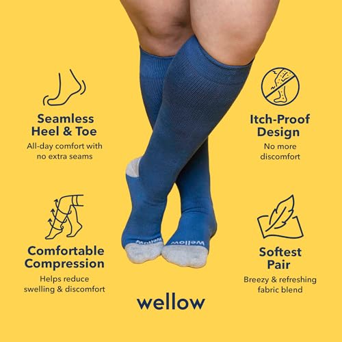 Image of Wellow Wide Calf Grip Compression Socks for Men & Women, Non-Slip Socks, 18-25 mmHg Made with Viscose from Bamboo, Nurses & Pregnancy Support, Relieves Swelling, Knee High, LR, Cobalt
