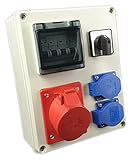 Baustromverteiler 16A 5P, 2x Schuko mit Schalter 0-1. Leitungsschutzschalter C16A 3P, C16A 1P. Wandverteiler IP44. PCE steckdosen