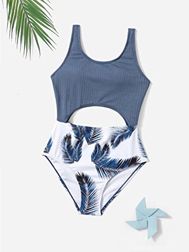 Milumia Girl's One Piece Floral Print Swimsuit Cute Cut Out Bathing Suit Swimwear L Blue 10 Years #TOP1